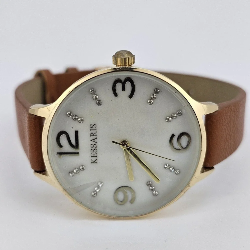 Kessaris Women's Watch 36MM White Dial Brown Faux Leather Bands‎ New Battery